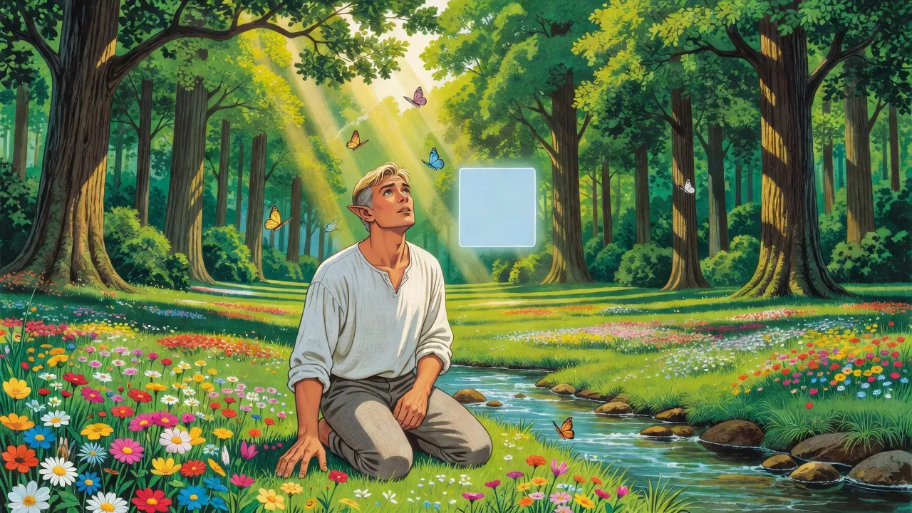 A lean, fair-haired elf in a plain linen shirt kneels by a brook in a sunlit forest, running his hand through the flowers, while a blank pane of pale blue light hangs in the air beside him.
