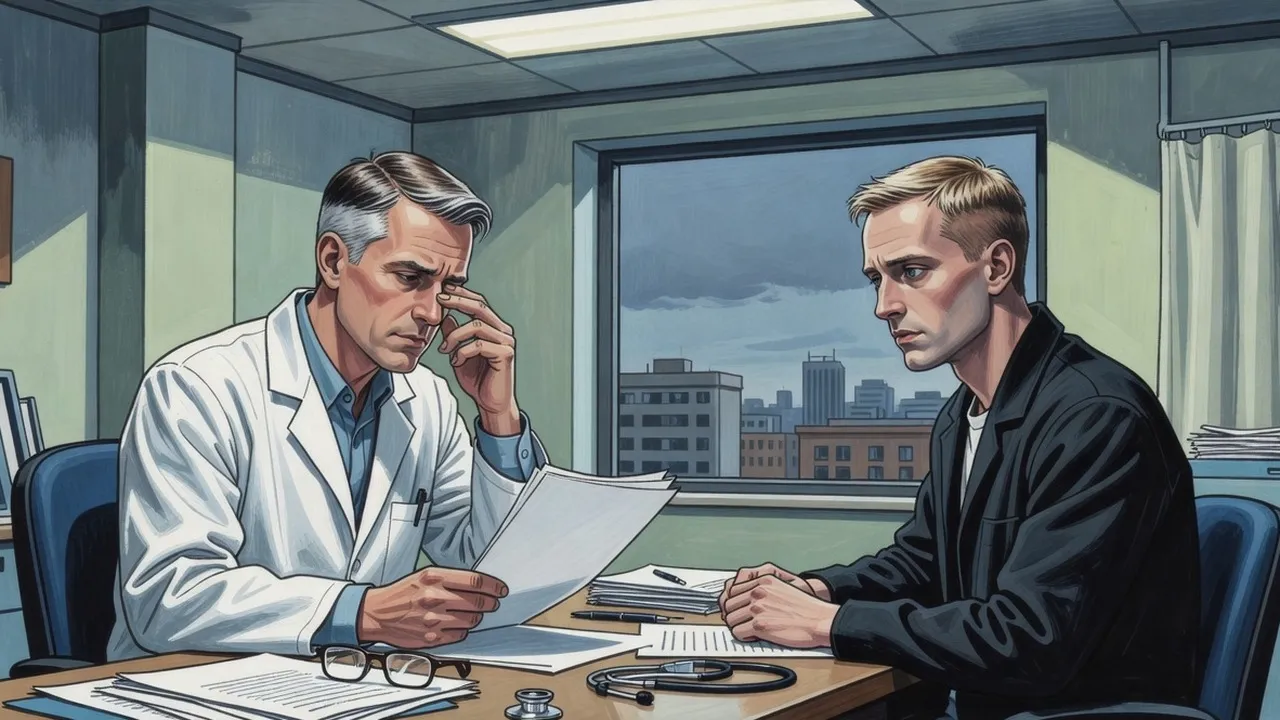 A grey-haired doctor in a white coat rubs his eyes across a desk from a gaunt, fair-haired young man who stares at the doctor’s hands.