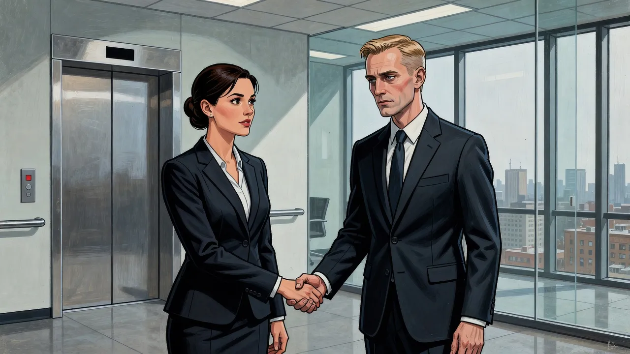 A dark-haired young woman in a business suit holds a tired young man’s hand in farewell beside the steel doors of a lift in a glass-walled office.