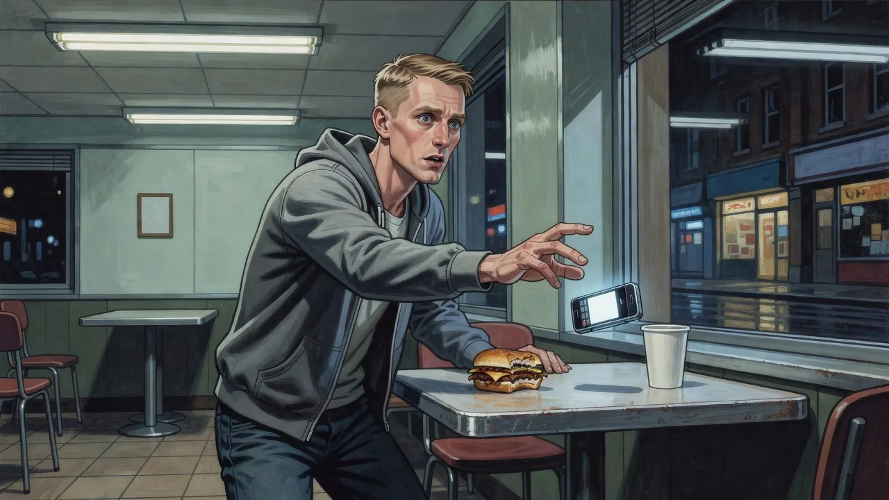 A gaunt young man in a cheap burger bar at night lunges to catch his buzzing phone as it slides off the edge of the table.