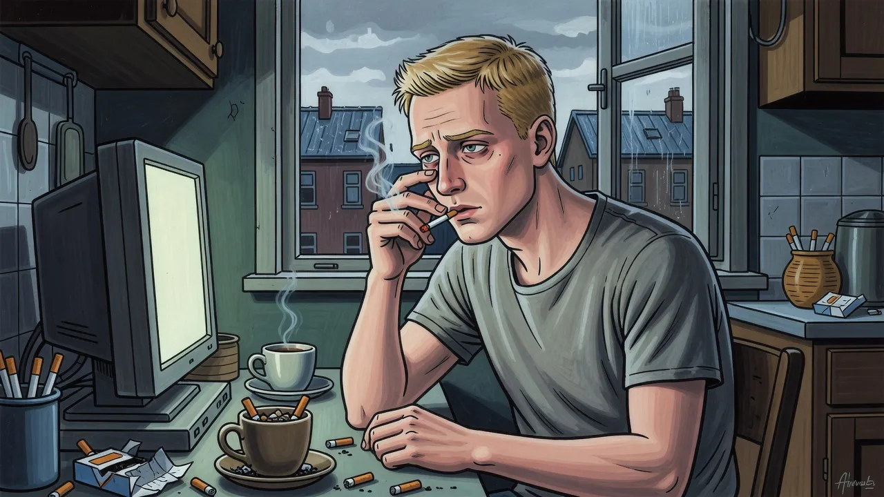 At dawn a hollow-eyed young man sits at a kitchen table before a glowing monitor with a cigarette in his fingers and two coffee cups full of butts.