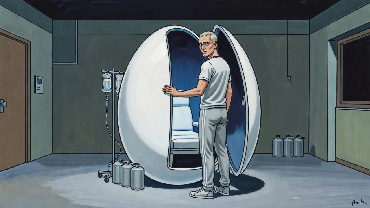 In a bare, dark room a young man in a T-shirt stands with his hand on the open lid of a tall white egg-shaped capsule glowing blue inside, a drip stand and canisters beside it.