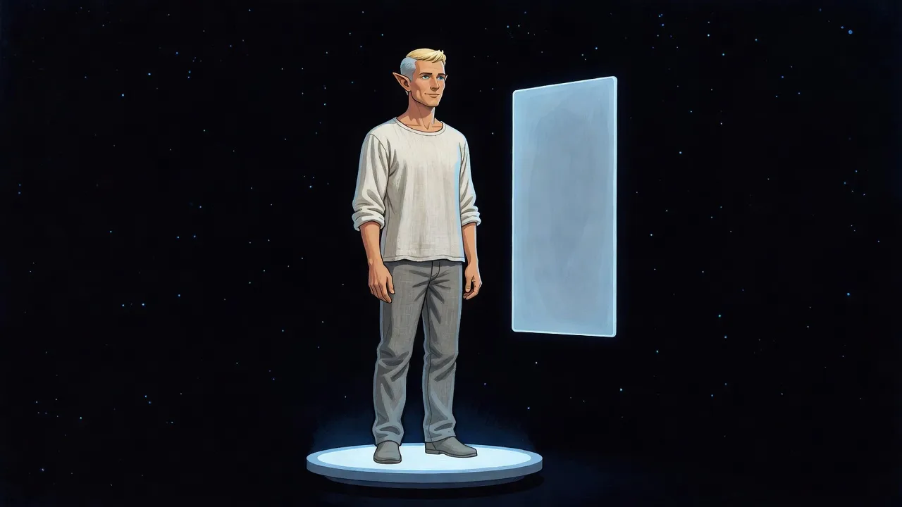 A lean, fair-haired elf in a linen shirt stands on a slowly turning disc of pale blue light in a dark void, a blank glowing pane beside him.