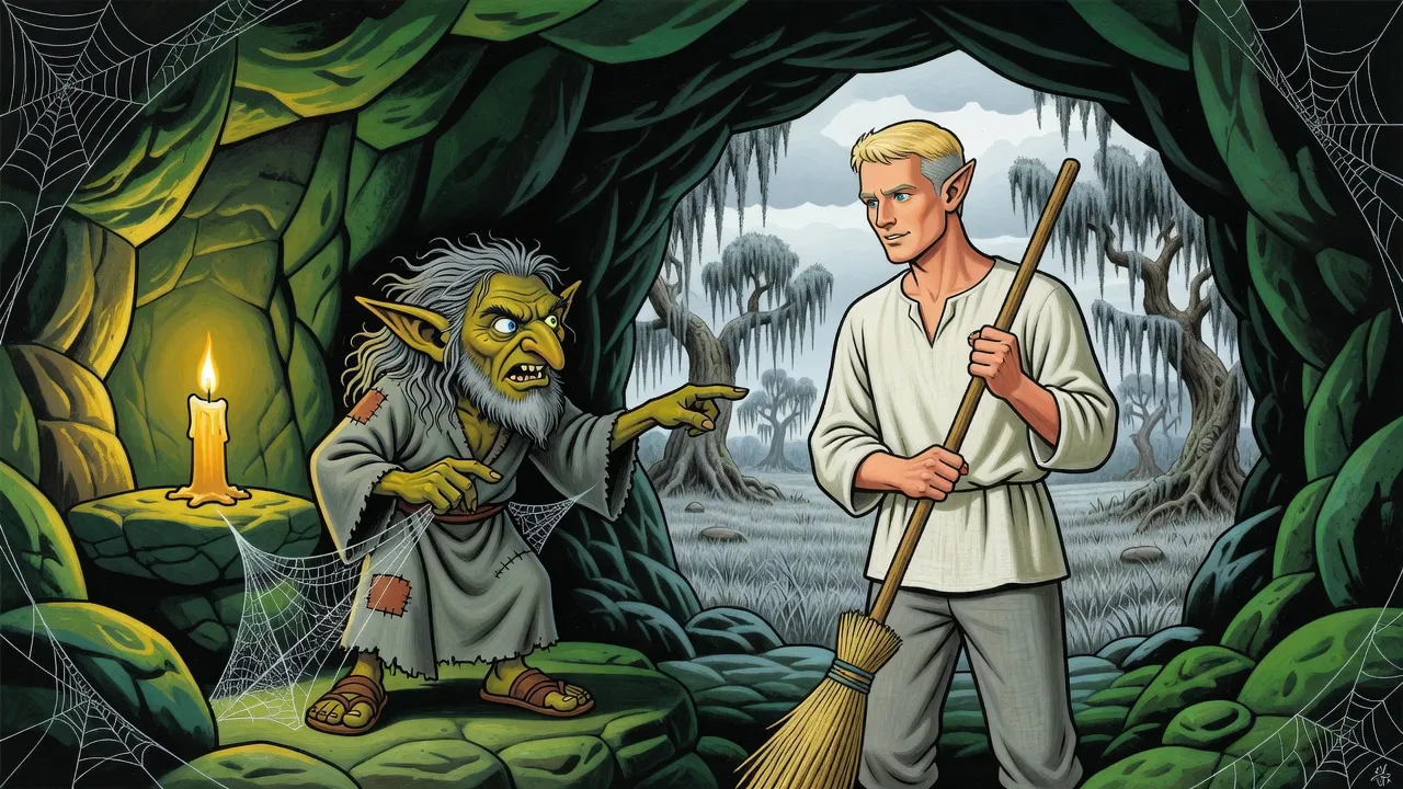 A small grey-haired goblin with mismatched eyes scolds a fair-haired elf in linen who grips a straw broom like a spear at the mouth of a candlelit cave.