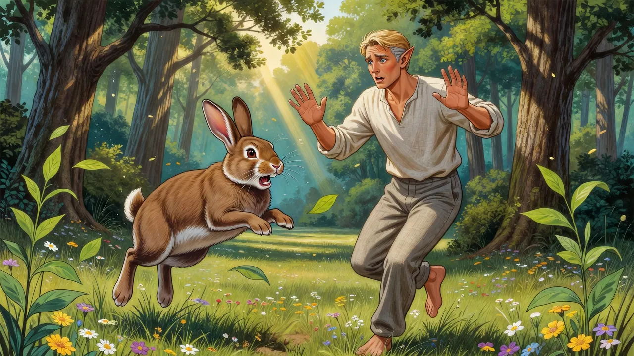 A furious brown rabbit leaps at a startled fair-haired elf in linen who stumbles backwards with his empty hands raised.