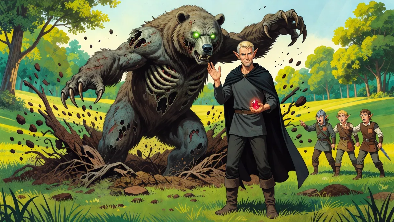 A gigantic zombie bear claws its way out of the ground beside a sheepish elf in a black cloak while three young elf adventurers stare and point.
