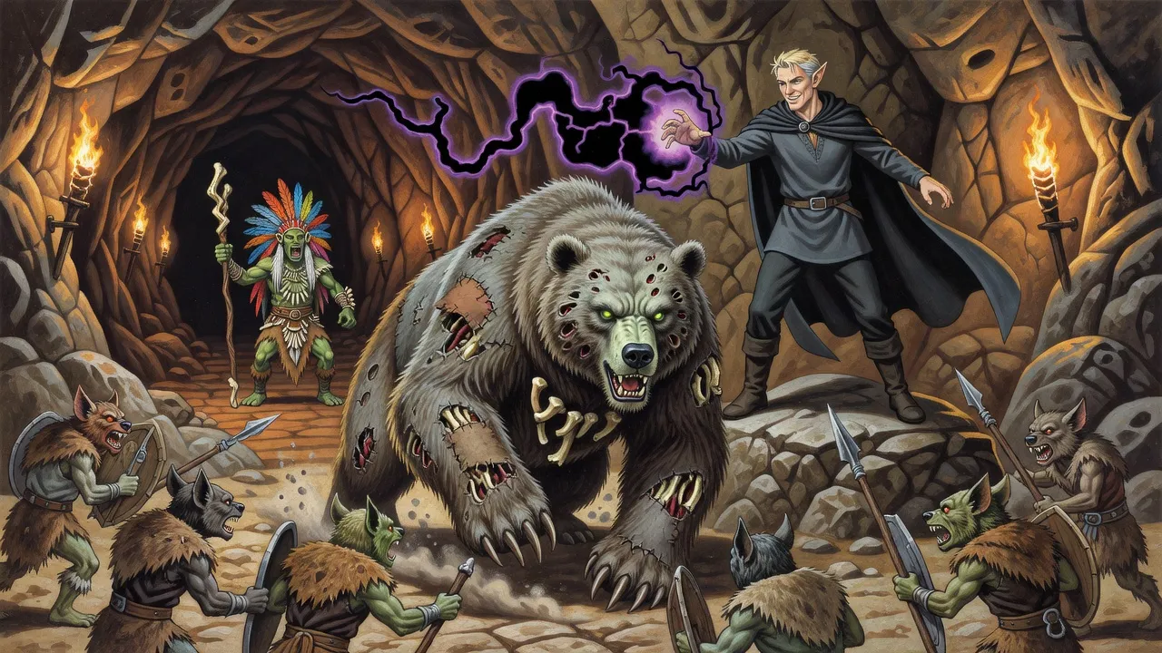 A huge zombie bear charges through a line of hyena-headed gnoll warriors toward a gnoll shaman while an elf in a black cloak casts dark magic from behind.
