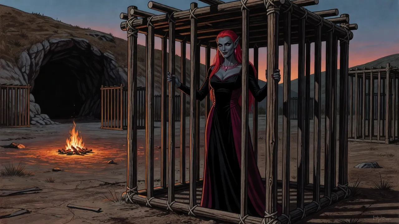 A tall, scarlet-haired drow woman with ash-grey skin stands composed inside a cage of lashed poles before a cave mouth, a carved collar glowing at her throat.