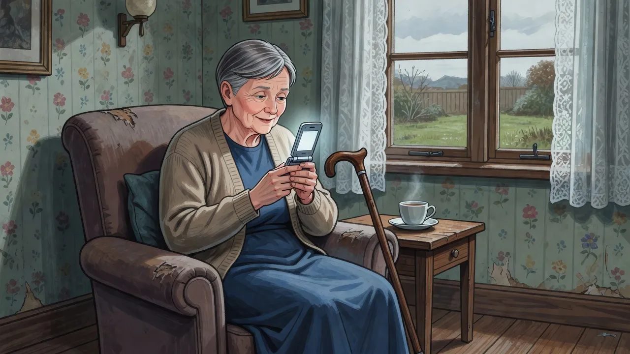 A frail grey-haired woman in a cardigan sits in a worn armchair by a lace-curtained window, reading a message on a simple mobile phone, her cane beside her.