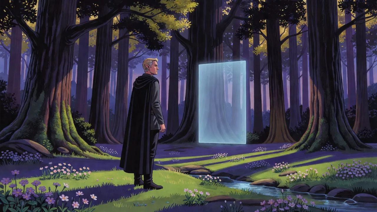 An elf in a black cloak stands on a wooded rise at dusk looking north, while a pane of pale blue light beside him fades almost to nothing.