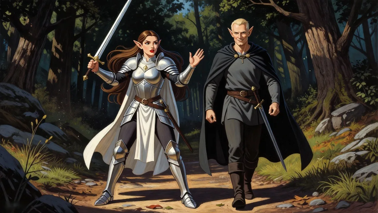 A chestnut-haired elf woman in silver armour, sword raised, waves away a fair-haired elf in a black cloak who strides in beside her anyway.