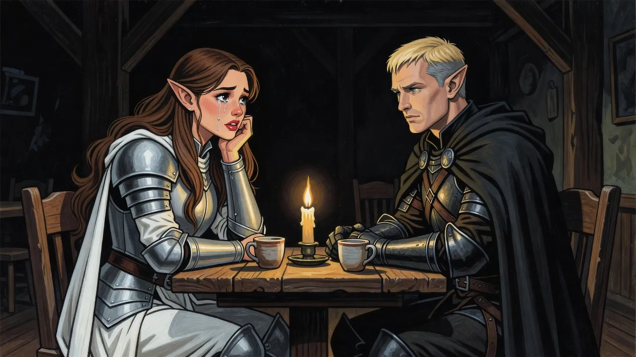 By candlelight a chestnut-haired elf woman rests her chin on her hand, eyes shining with tears, while a fair-haired elf listens gravely across the table.