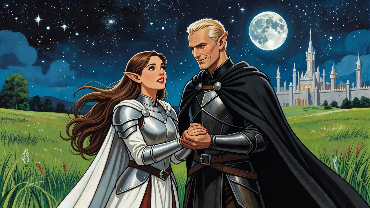 Under a starry sky outside a pale elven city, a chestnut-haired elf woman looks up at a fair-haired elf who holds both her hands.