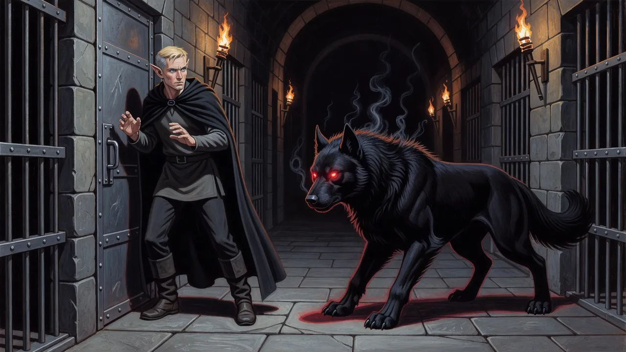 In a torch-lit prison passage an elf presses his back to a slammed iron door as a huge black hound with ember-red eyes and smoking fur stops a few paces from him.