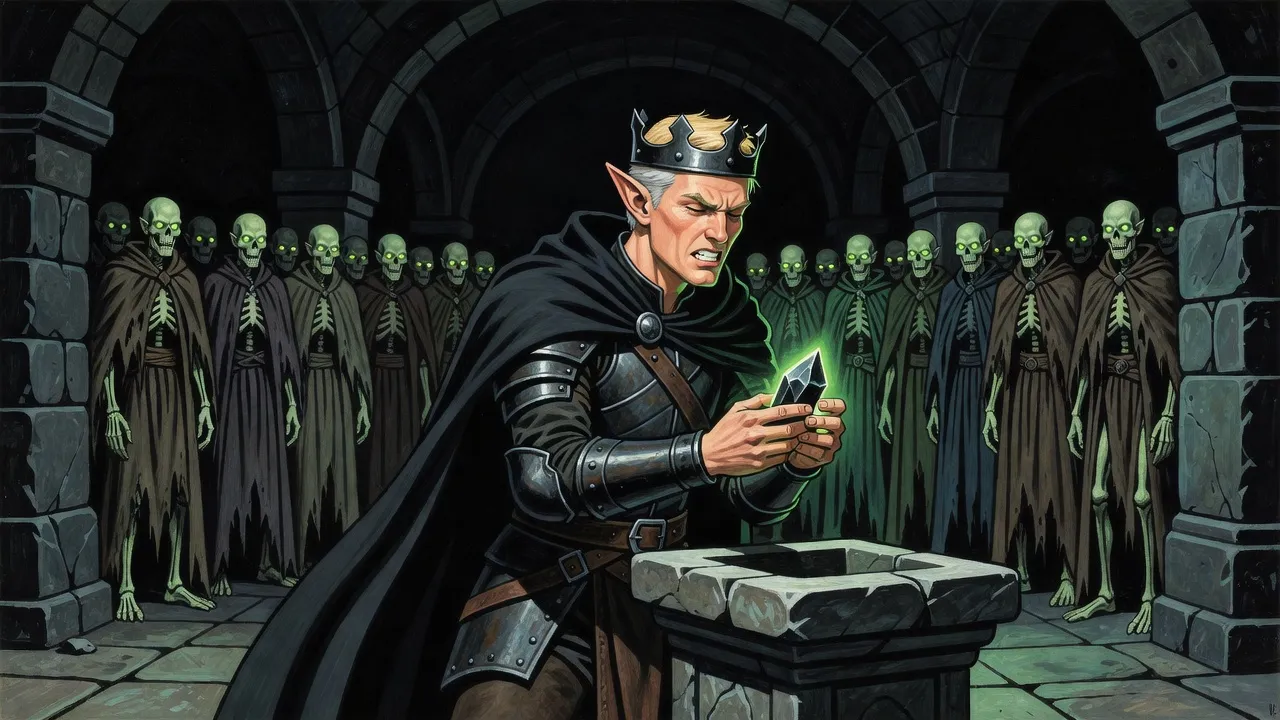 In a green-lit crypt an elf wearing a black crown clutches a glowing shard to his chest with his eyes squeezed shut, behind a row of robed liches who do not move.