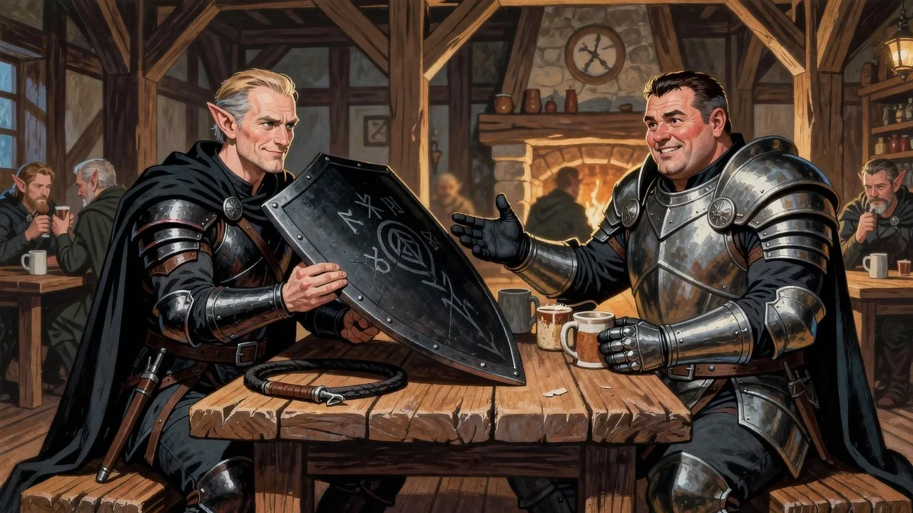 An elf in black armour heaves a huge dark shield onto an inn table while a big grinning warrior in steel plate raises his eyebrows at it.