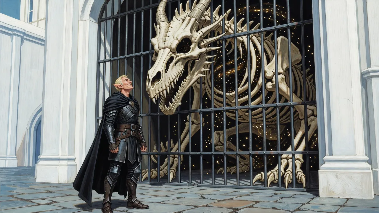 A towering dragon made of bare bones, its rib cage full of swirling darkness and gold sparks, looms behind giant iron bars over a small figure in black.