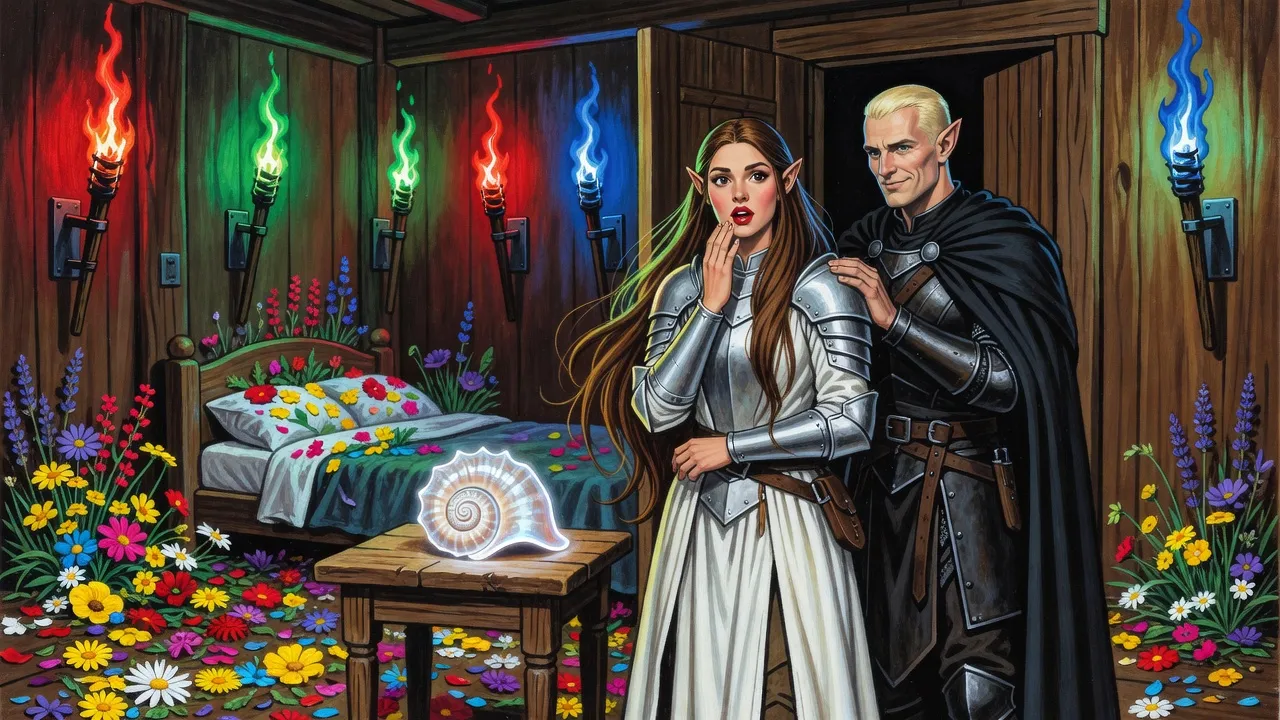 An inn room lit by torches of red, green and blue flame, flowers strewn on the floor and a glowing shell on the table, as a woman in silver armour stops amazed in the doorway with an elf behind her.