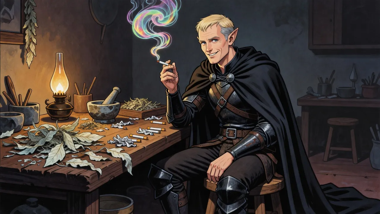 At a cluttered crafting bench an elf holds up a hand-rolled cigarette and watches a curl of rainbow-shimmering smoke rise from it.