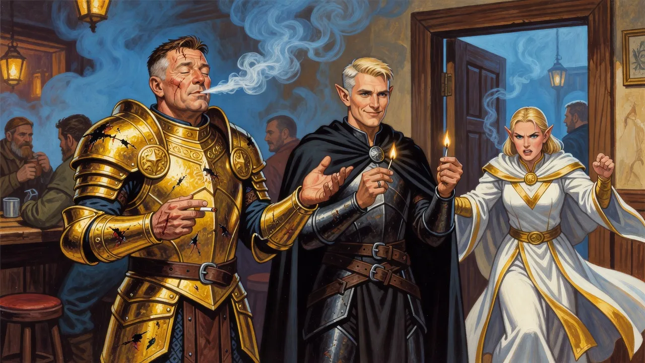 In a smoky tavern a battle-worn paladin in dented gold armour breathes out smoke with his eyes closed and a palm raised, while an elf holds a match and an angry cleric stands in the doorway.