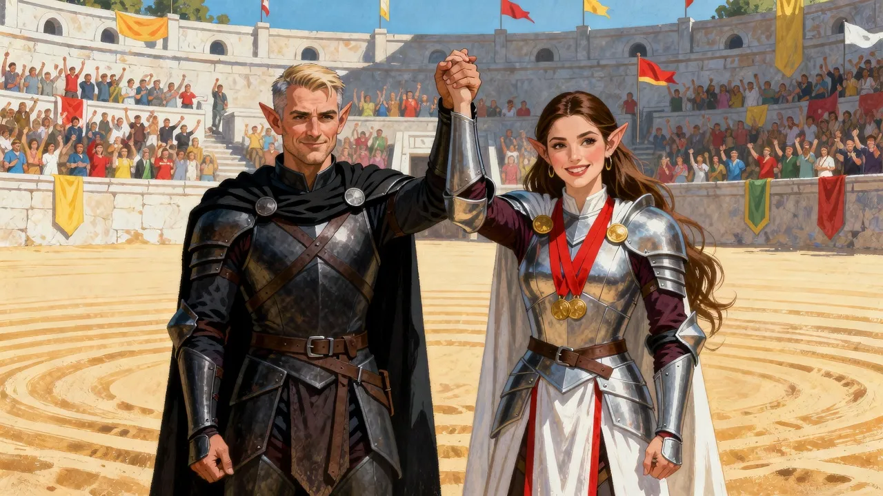 On the sand of a crowded arena an elf in black armour raises the hand of a beaming woman in silver armour with medals on ribbons at her neck.