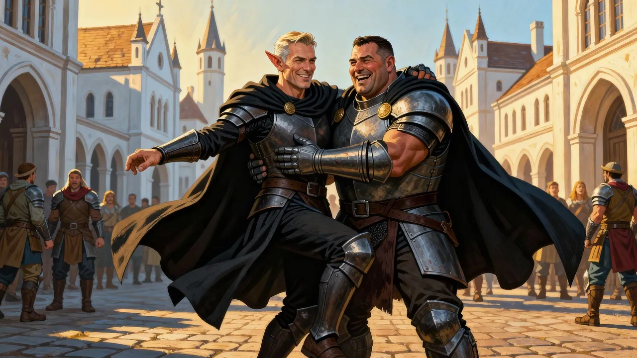 On a busy square of a white elven city a laughing elf dances with his cloak flying while a big warrior in steel plate sweeps him into a bear hug.
