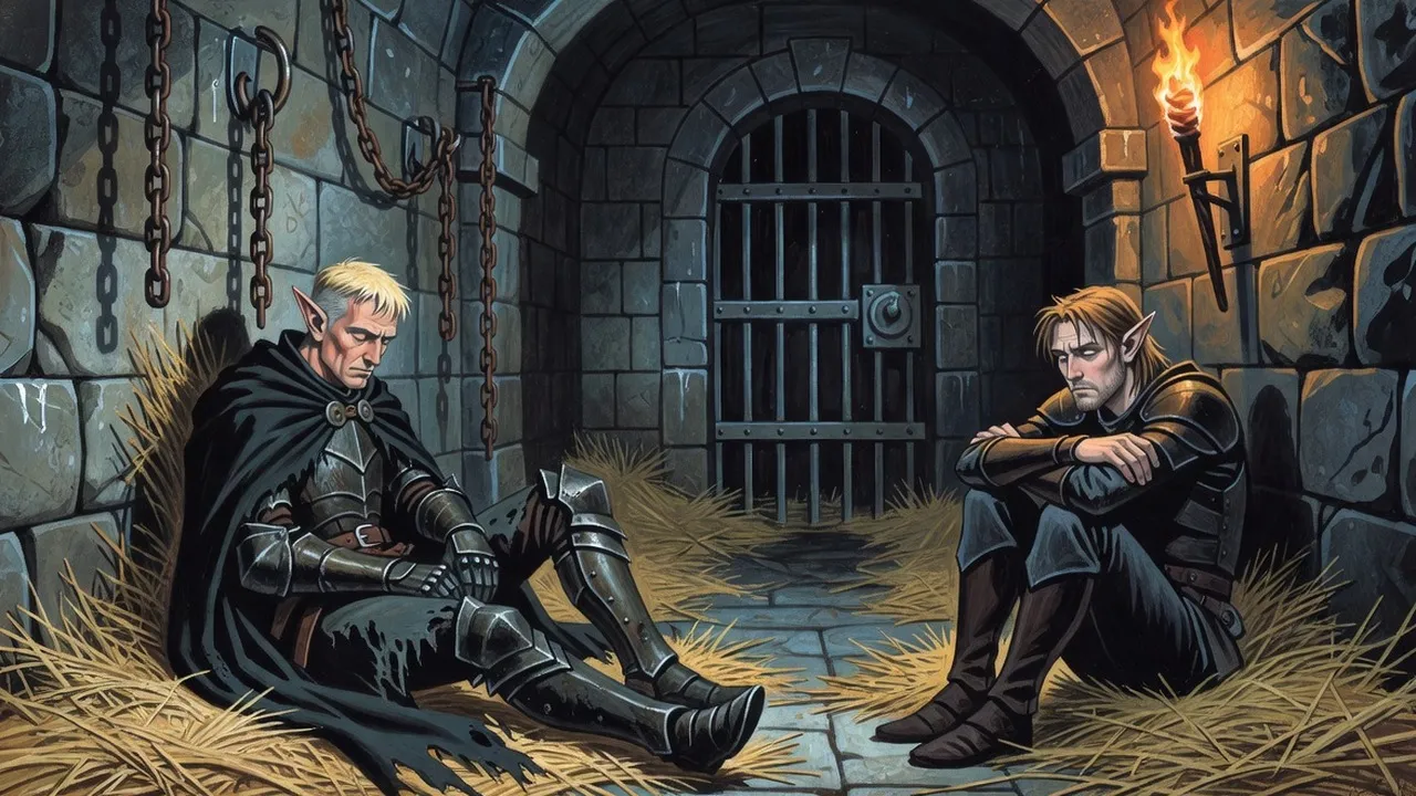 In a torch-lit stone cell with chains hanging on the wall, an exhausted elf slumps against the stones while a lanky young rogue sits hugging his knees across from him.