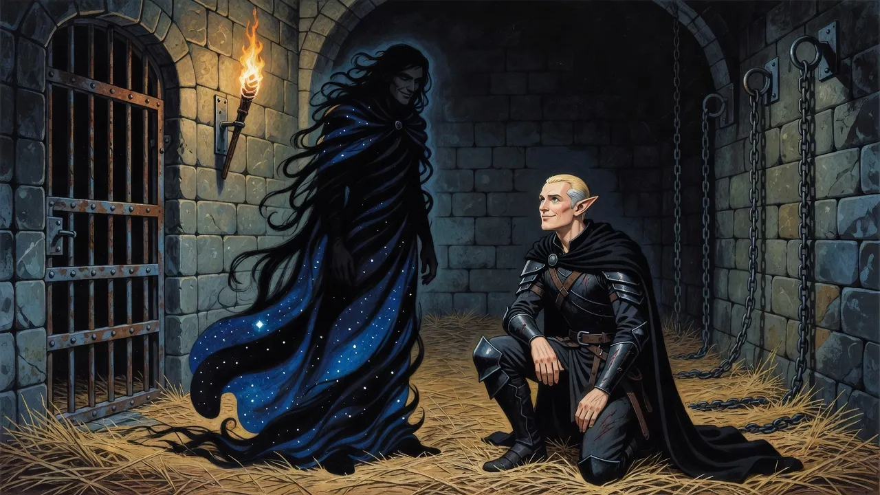 In a torch-lit cell a tall god wrapped in darkness and a star-filled cloak steps out of the shadows toward a kneeling elf, the torch flame shrinking toward him.