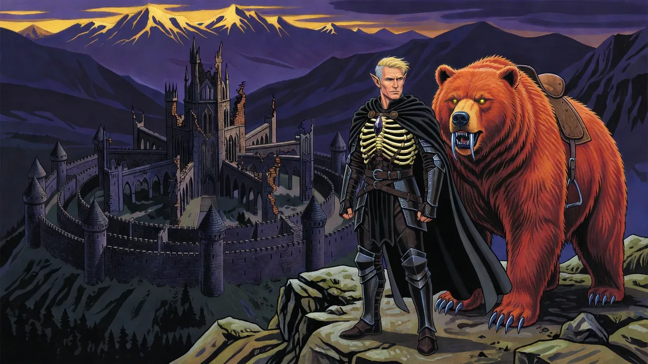 An elf in dark armour with a breastplate of bone ribs stands on a ridge beside a huge shaggy bear with silvery metal fangs, looking down at dusk on a vast ruined fortress-temple in a dark mountain valley.