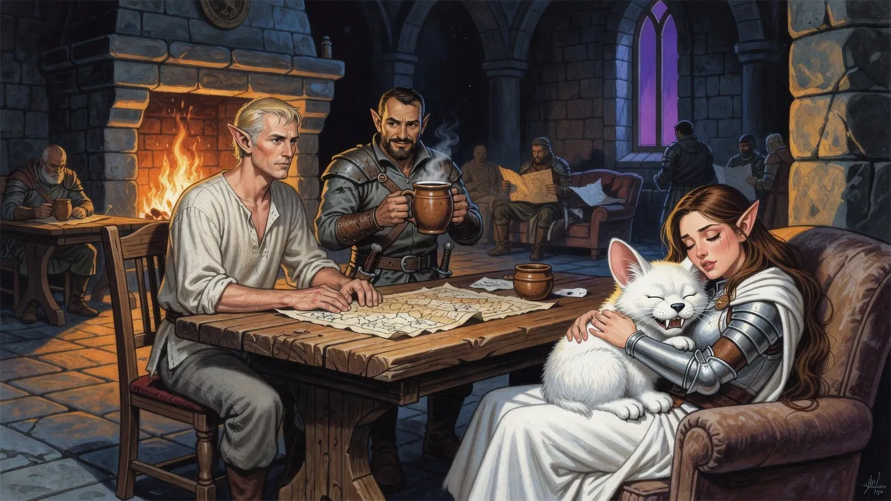 An elf in a plain linen shirt sits at a war table among armoured officers while a man with an enormous mug briefs him and an elf woman sleeps by the fire hugging a white big-eared creature.