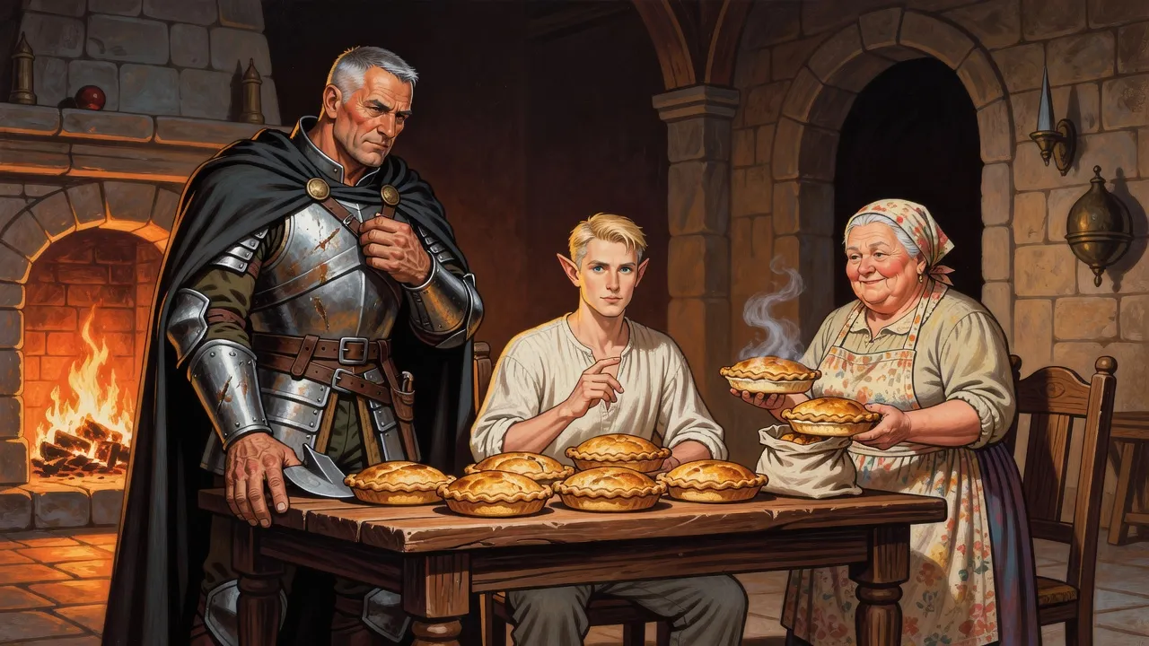 A big grey-haired warrior in a long cloak tilts his head to listen to an elf in a linen shirt at a war table, while a grandmotherly cook lifts pies out of a small bag.