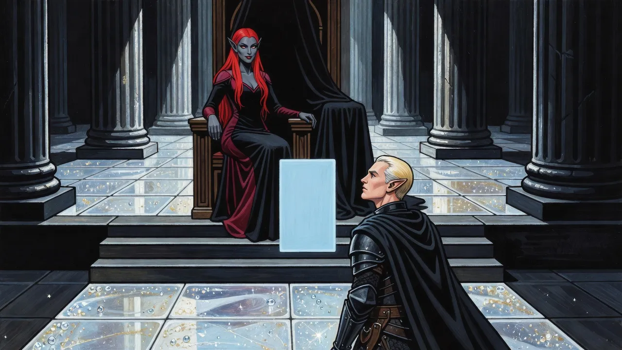 A scarlet-haired dark elf woman sits on the smaller of two thrones at the end of an aisle of gold-flecked translucent stone, looking down at a dark-armoured elf, a blank pane of pale blue light hanging between them.