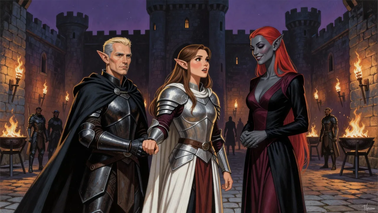 In a torch-lit castle courtyard at night an elf woman in silver armour stands planted between a dark-armoured elf and a scarlet-haired dark elf woman, gripping the elf’s hand.