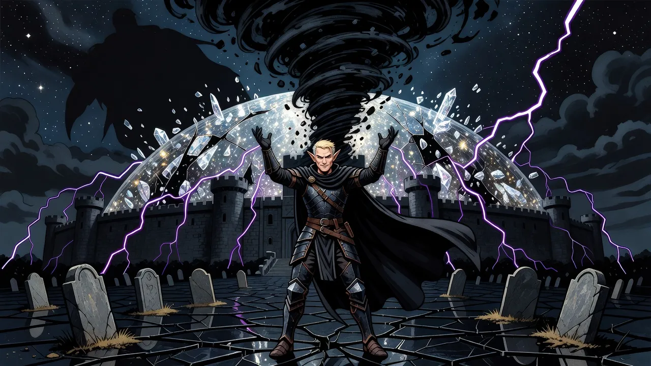A cloaked elf stands alone with raised arms among gravestones on glassy ground at night, a black whirlwind spinning above him, as a vast glowing dome over a castle shatters into shards.