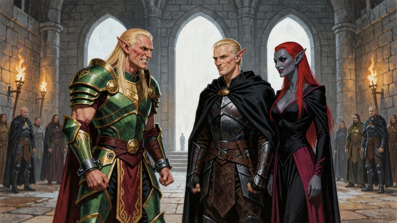 A pale-gold-haired elf in green-and-gold armour, wrists in iron cuffs, snarls at a dark-cloaked elf and a scarlet-haired dark elf woman as three arches of ghostly light open behind them.