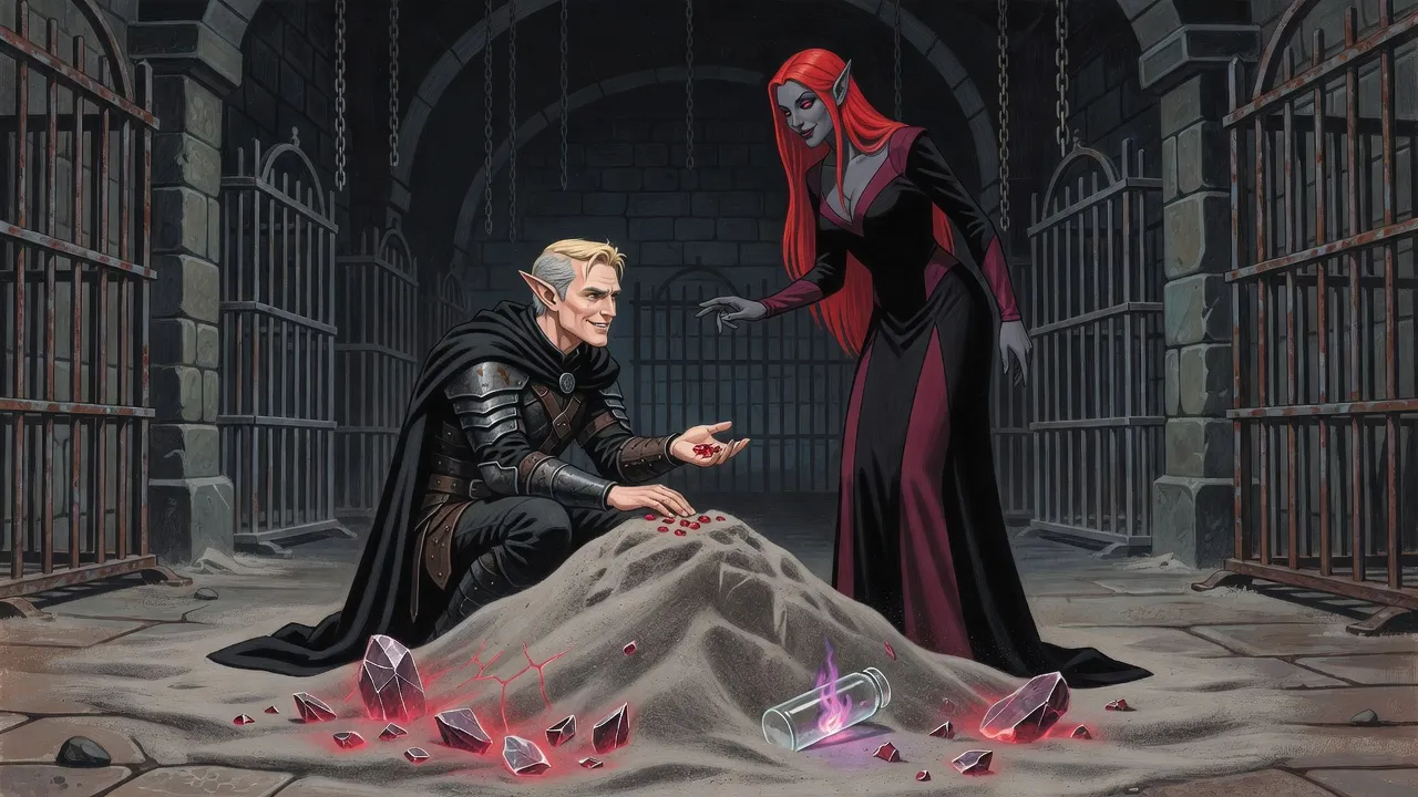 In a dungeon of empty iron cages a heap of grey dust is all that is left of a great crystal; an elf crouches with red gems in his palm while a scarlet-haired dark elf woman holds out her hand, two fingers raised.