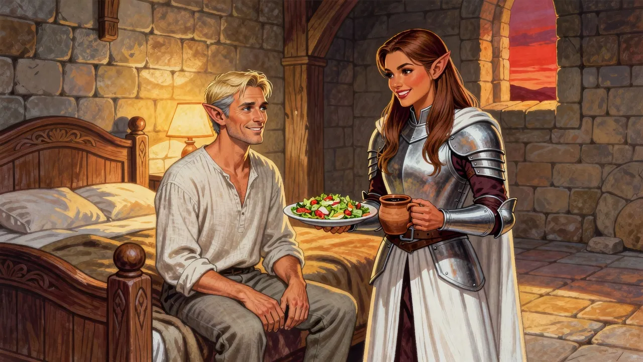 An elf woman in silver armour holds out a bowl of salad and a clay mug to a fair-haired elf sitting up on the edge of a carved bed in a stone castle room.