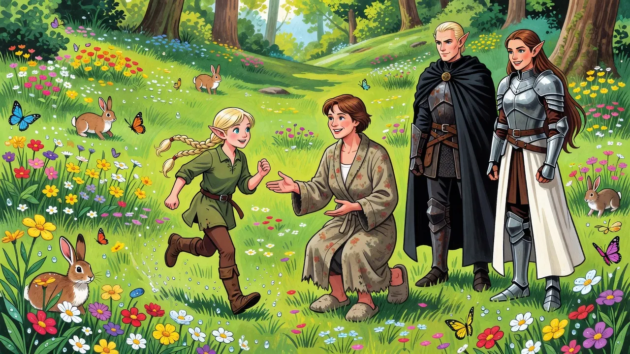 A girl with two fair braids runs across a sunny glade full of butterflies into the open arms of a woman in a house-robe and slippers while two elves watch from the trees.