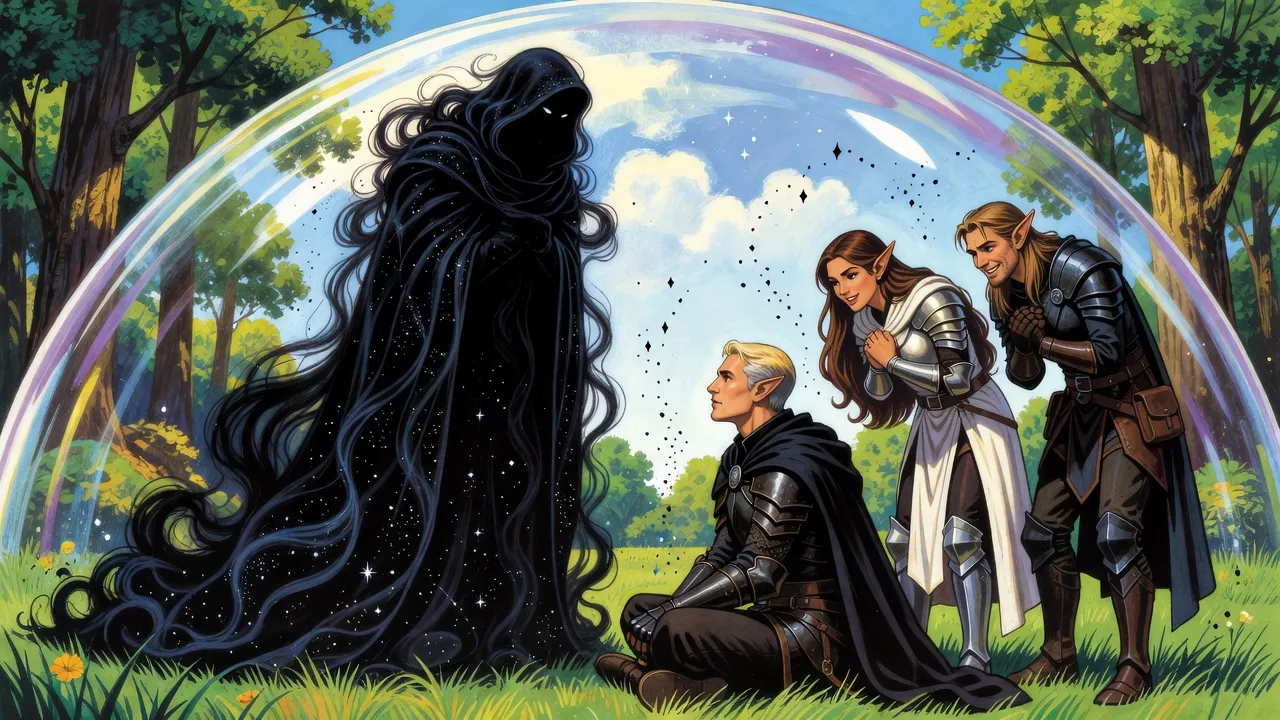 A tall figure wrapped in strands of darkness and a starry cloak stands under a shimmering dome on a sunny glade facing a dark-cloaked elf who sits calmly in the grass, while an armoured elf woman and a lanky elf scramble to their feet.