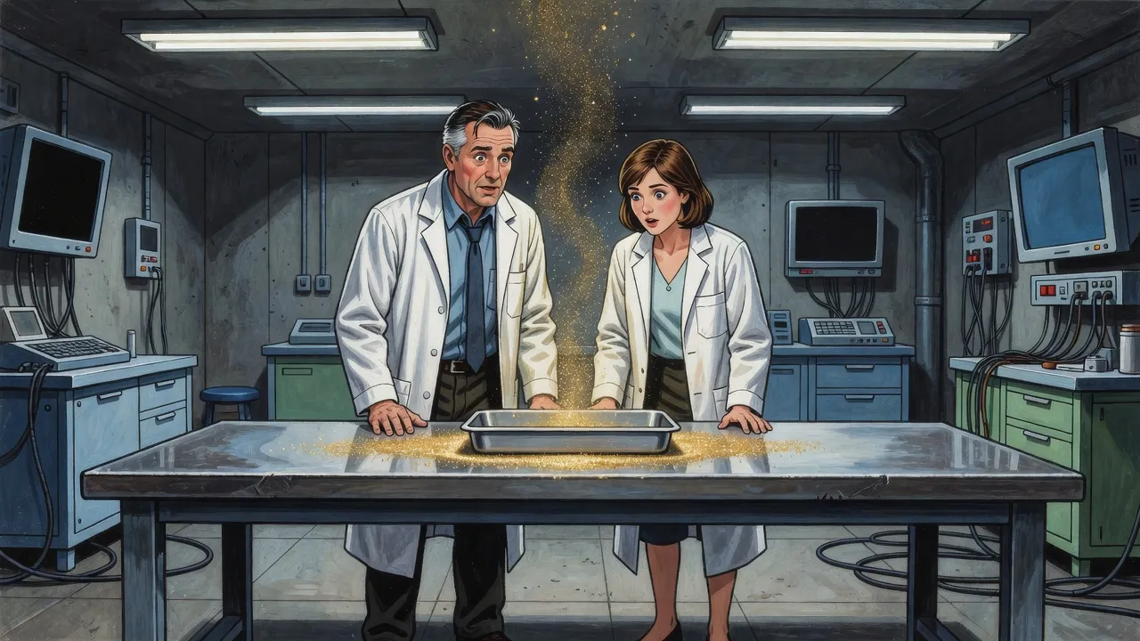 In a cold grey underground laboratory two technicians in lab coats lean over an empty steel tray as a fine glittering haze of gold dust settles onto it.