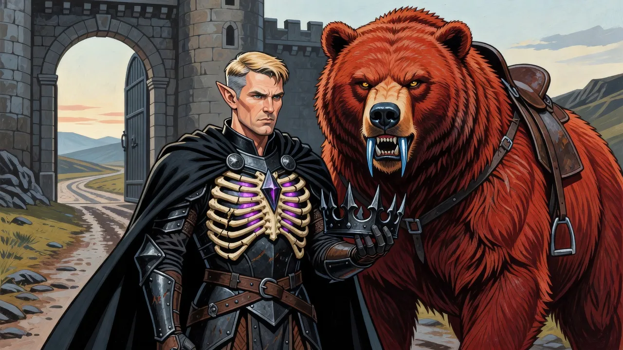 An elf wearing a breastplate of yellowed bone ribs with a dark glowing shard at its centre looks at a black crown in his hand beside a huge shaggy russet bear baring silvery metal fangs.