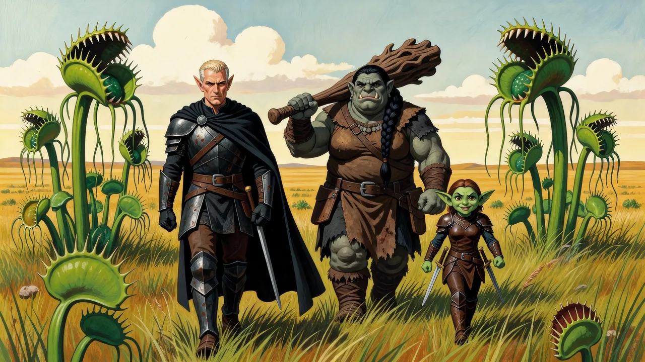 A dark-armoured elf walks with a huge troll woman carrying a club and a small goblin woman with twin blades across a steppe of giant swaying flytrap plants.