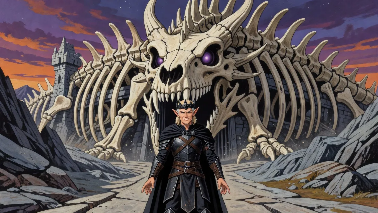 A lone elf wearing a jagged black crown stands before a fortress made of colossal dragon bones, whose gate is a giant skull with its teeth folding inward.