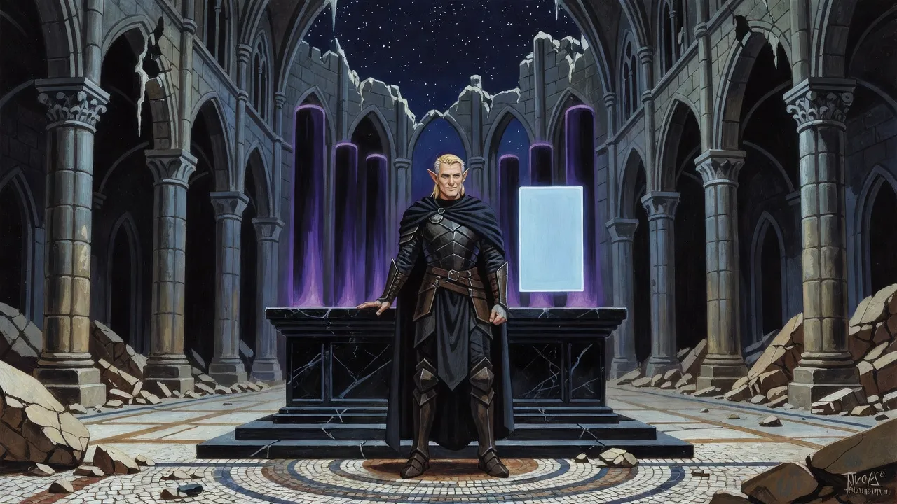 In a half-ruined cathedral hall open to the night sky an elf lays his hand on a black stone altar as violet light rises from it and a blank pane of pale blue light hangs beside him.