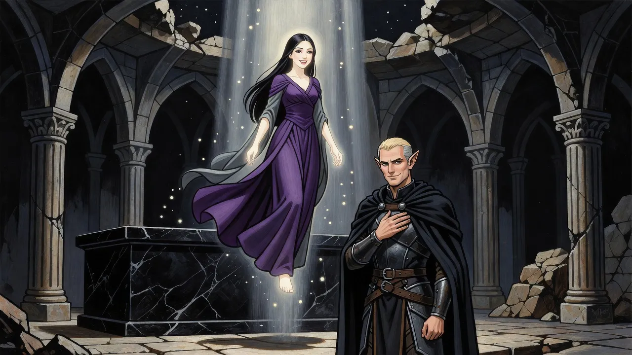A young goddess in a flowing violet and grey gown steps down a column of soft grey light into a ruined temple hall as an elf in dark armour bows his head to her.