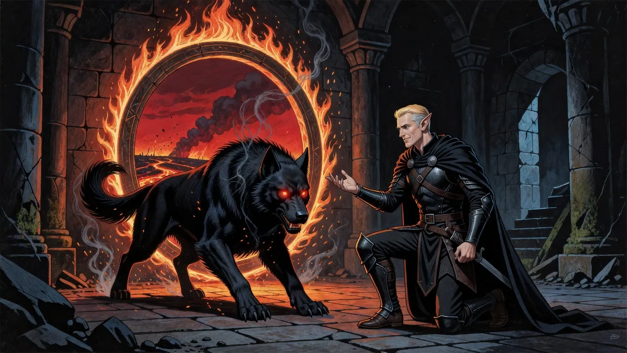 A huge black hound with smouldering ember eyes steps out of a ring of fire, glaring at a kneeling elf who holds out his hand.