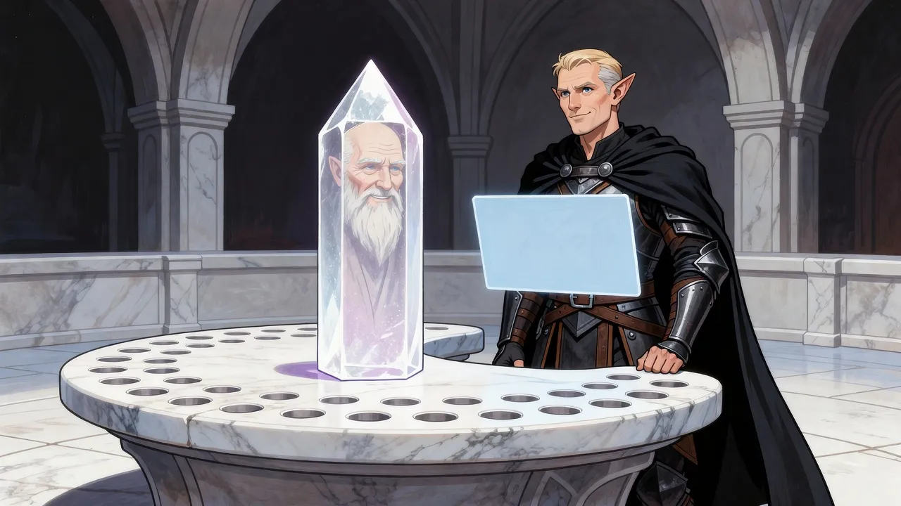 In a hall built around a horseshoe-shaped table of white marble with empty sockets, the faint face of an old mage glows in a tall crystal, bowing to an elf who stands beside a blank pane of light.