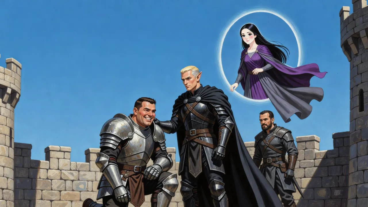 A big armoured warrior kneels on a castle terrace as an elf rests a hand on his shoulder and a bearded man watches, while a young goddess smiles down from a round window open in the sky.