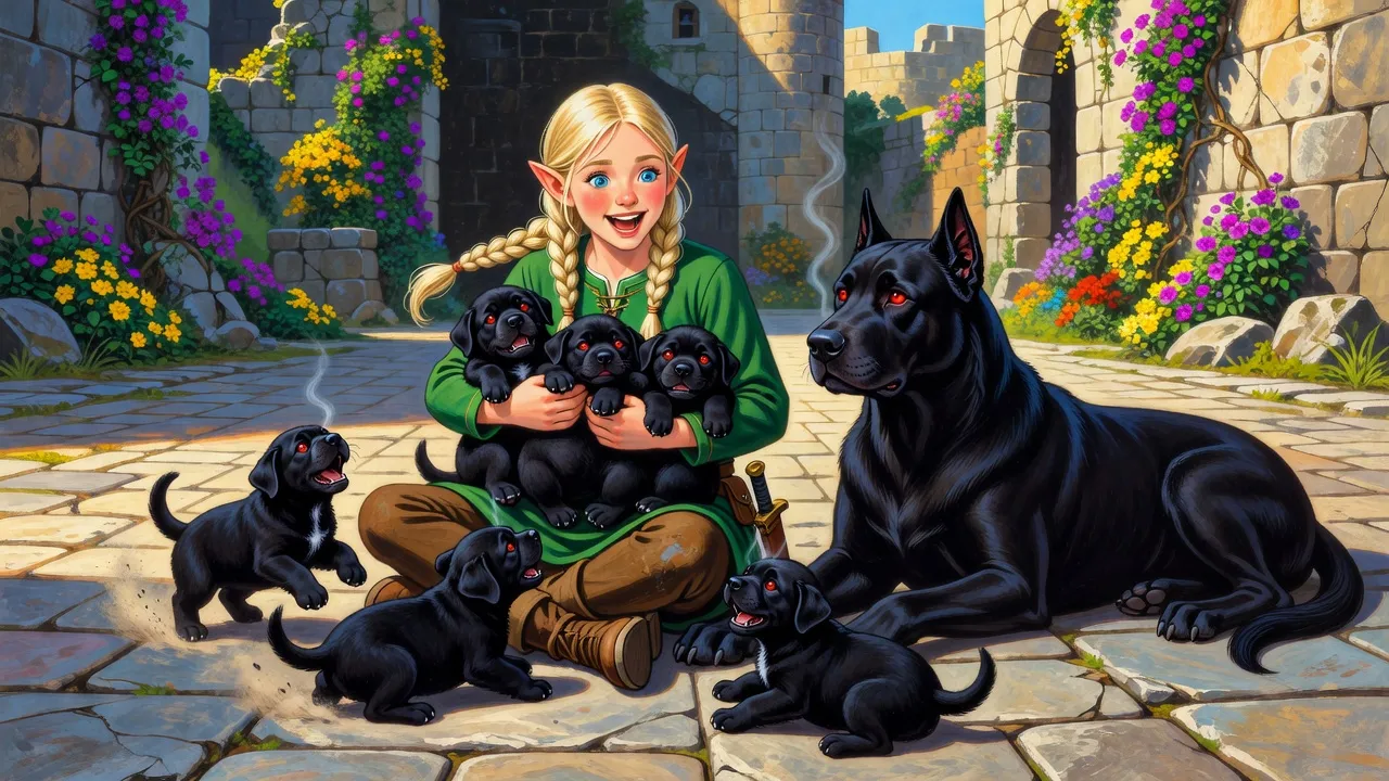 A girl with two fair braids sits laughing in a temple courtyard with an armful of black puppies while a huge black hound with ember eyes lies beside her.