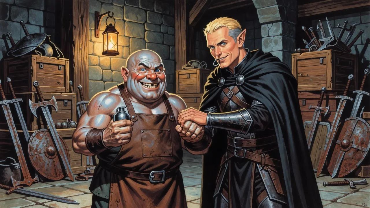 A grinning beardless dwarf with silvery skin holds a small round grenade while an elf clamps his hand over it, a pull-ring between his teeth.